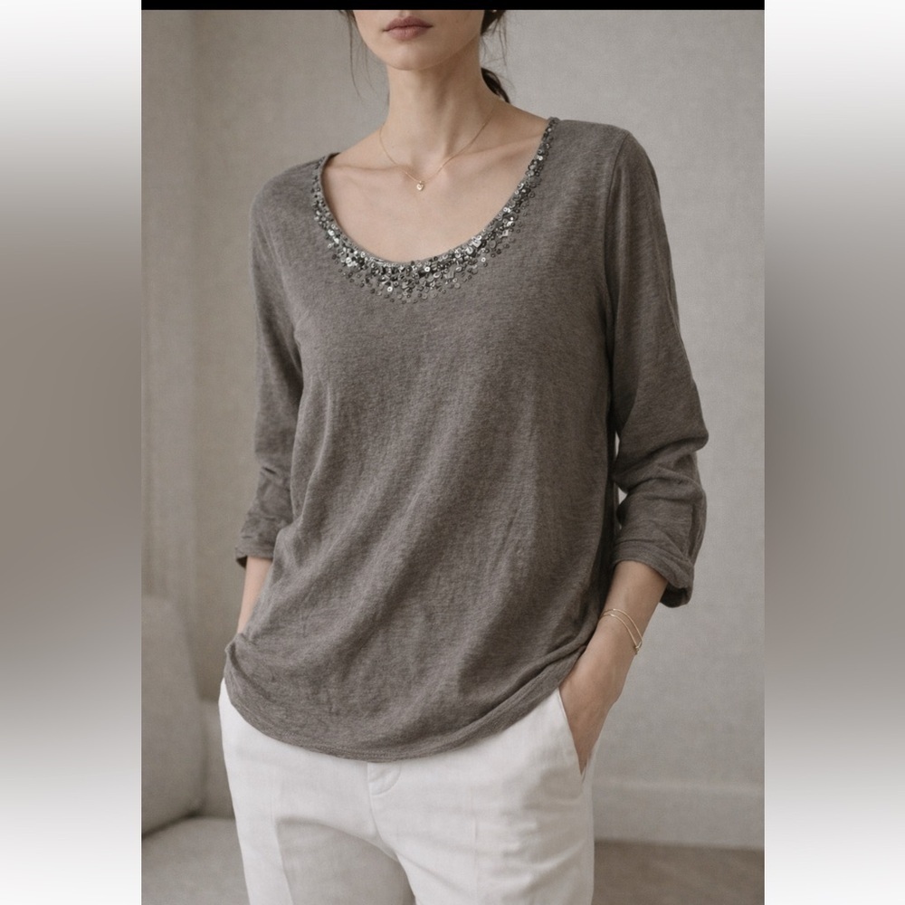 Eileen Fisher Charcoal Linen Embellished Scoop Neck Top Sz M